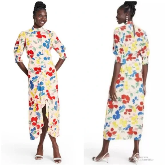 Rixo Feminine & Flirty Floral Puff Sleeve Maxi Dress Size 8 Ivory Red Blue NWT - Picture 7 of 17